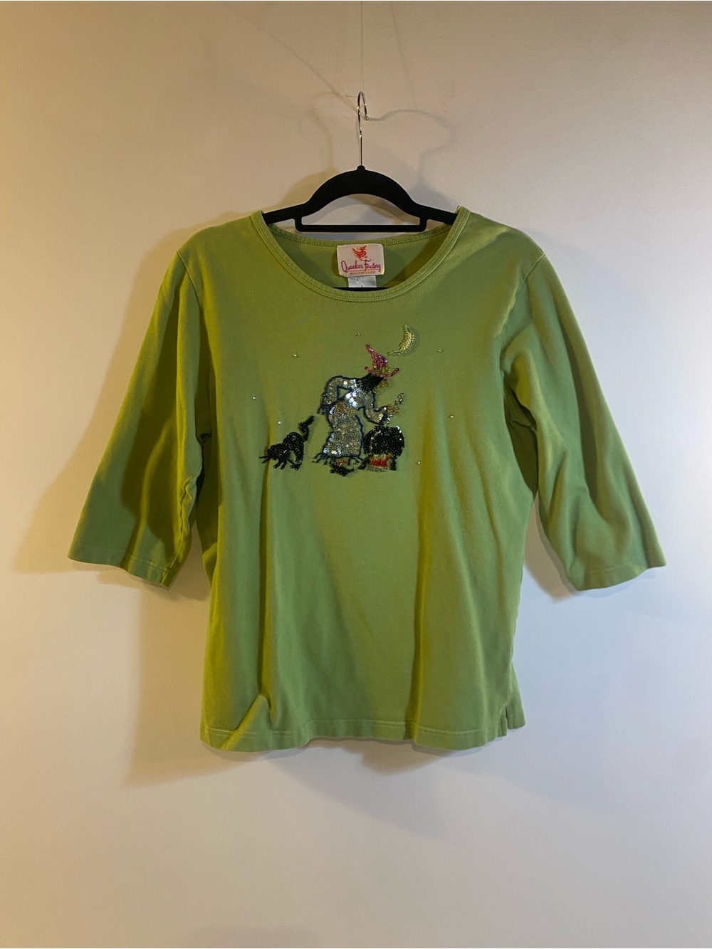 Vintage Quacker Factory Witch Halloween Black Cat Cauldron Green Shirt Size L
